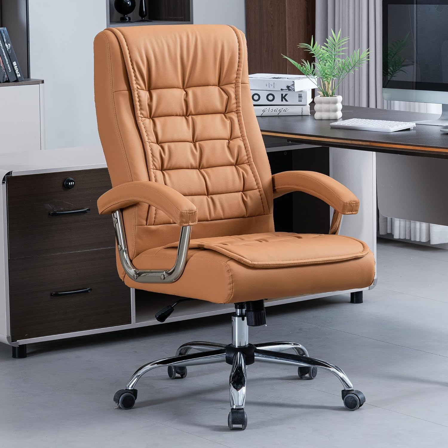 High-back leather office chair with padded armrests and swivel base in khaki โ view 2