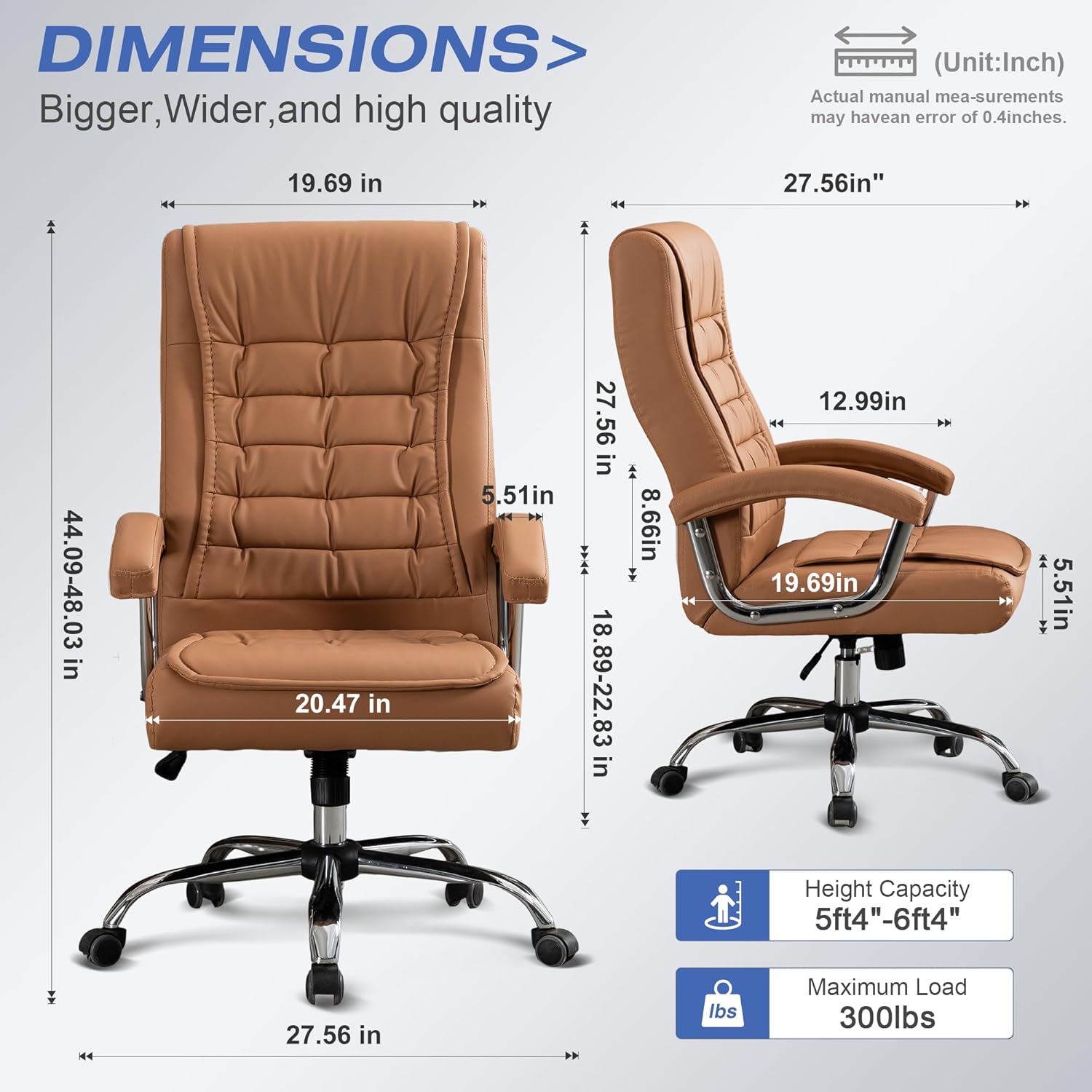 High-back leather office chair with padded armrests and swivel base in khaki โ view 3