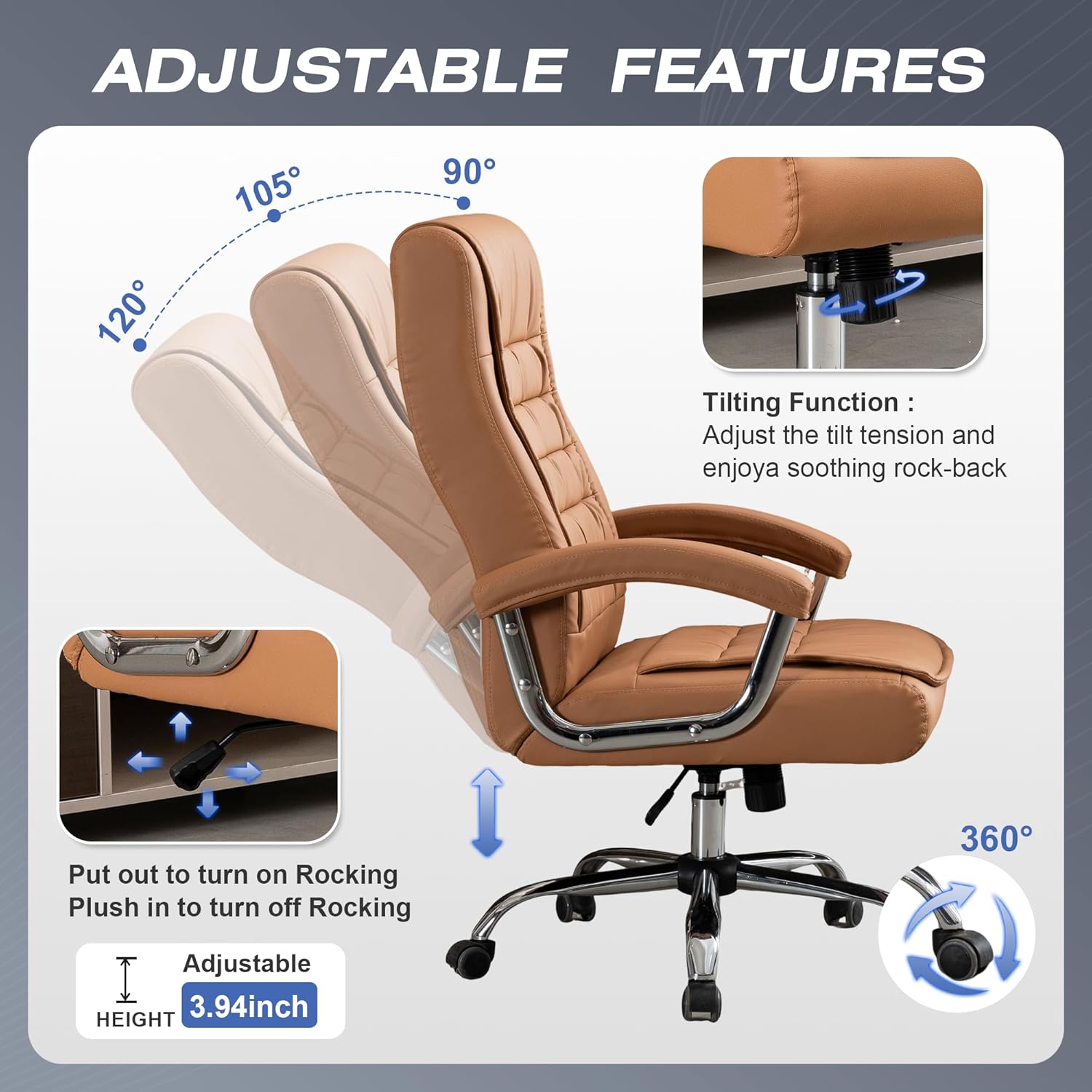 High-back leather office chair with padded armrests and swivel base in khaki โ view 4