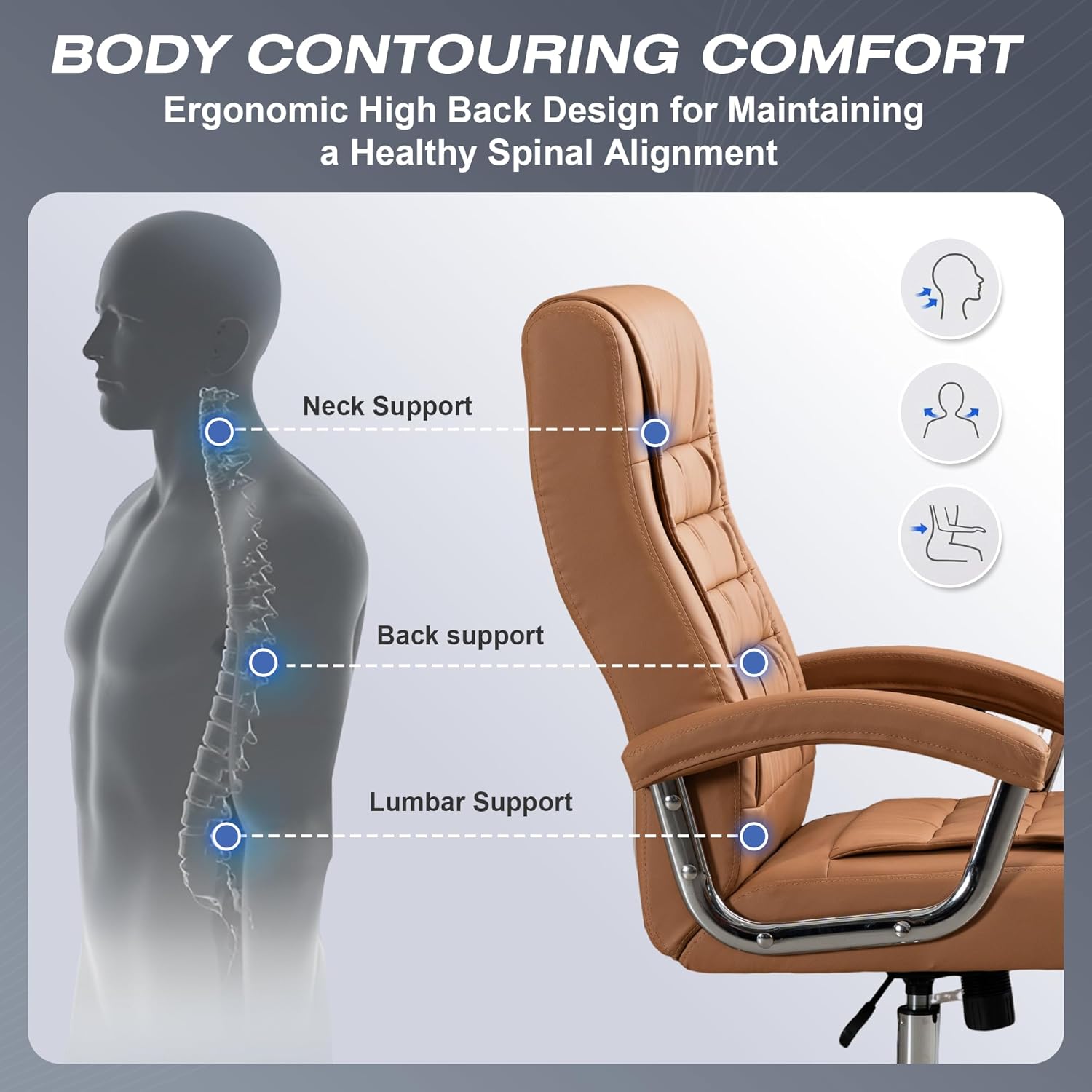 High-back leather office chair with padded armrests and swivel base in khaki โ view 2