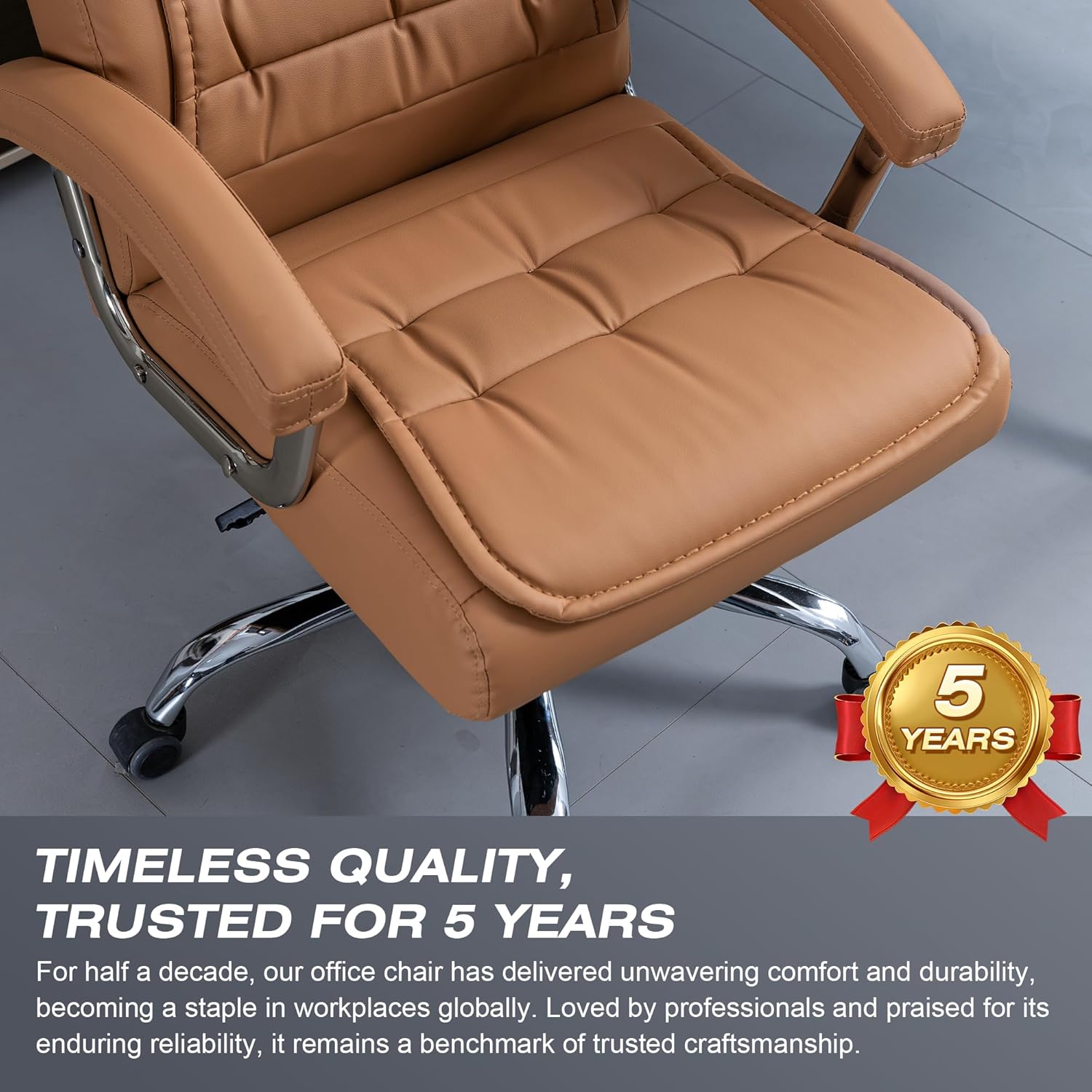 High-back leather office chair with padded armrests and swivel base in khaki โ view 3