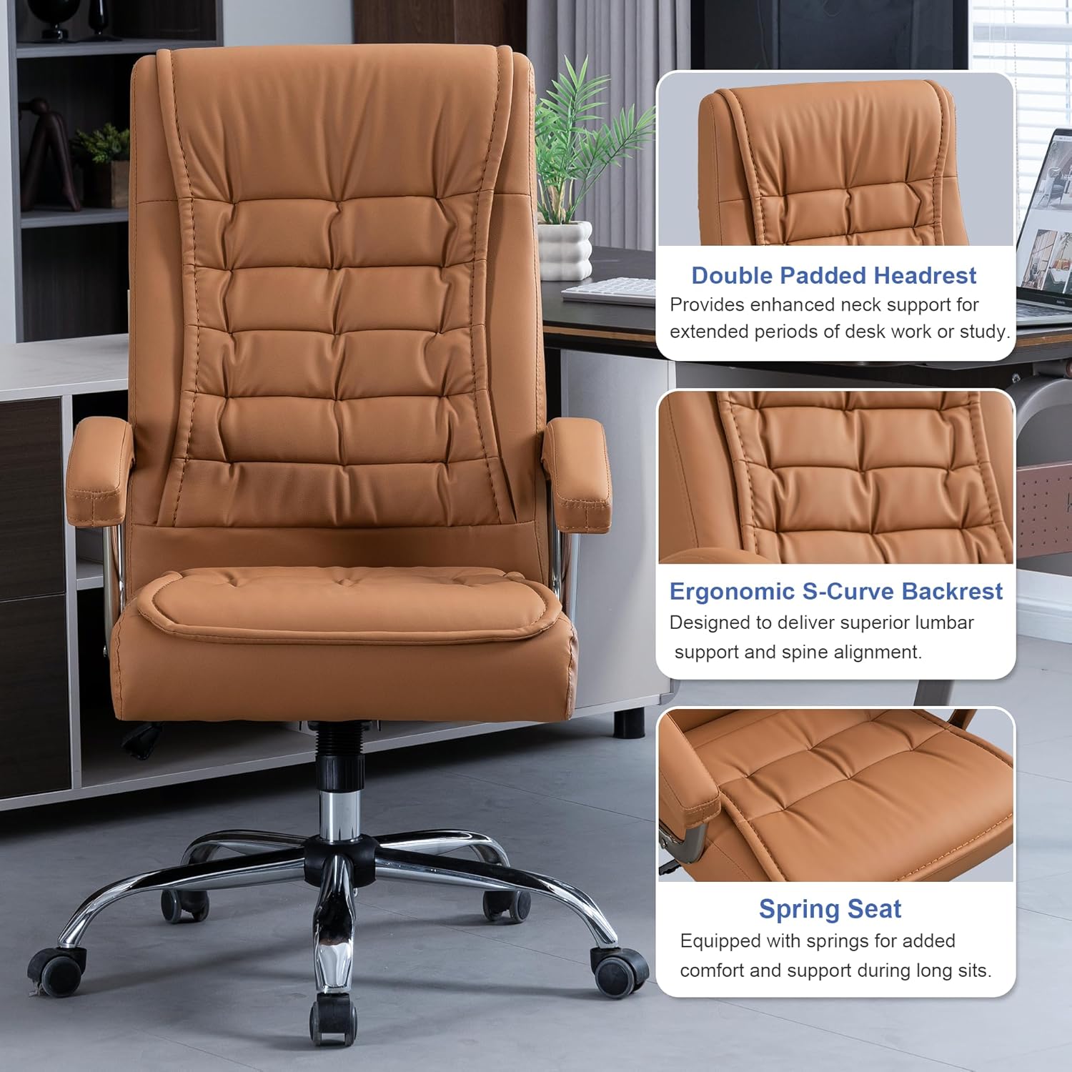 High-back leather office chair with padded armrests and swivel base in khaki โ view 4