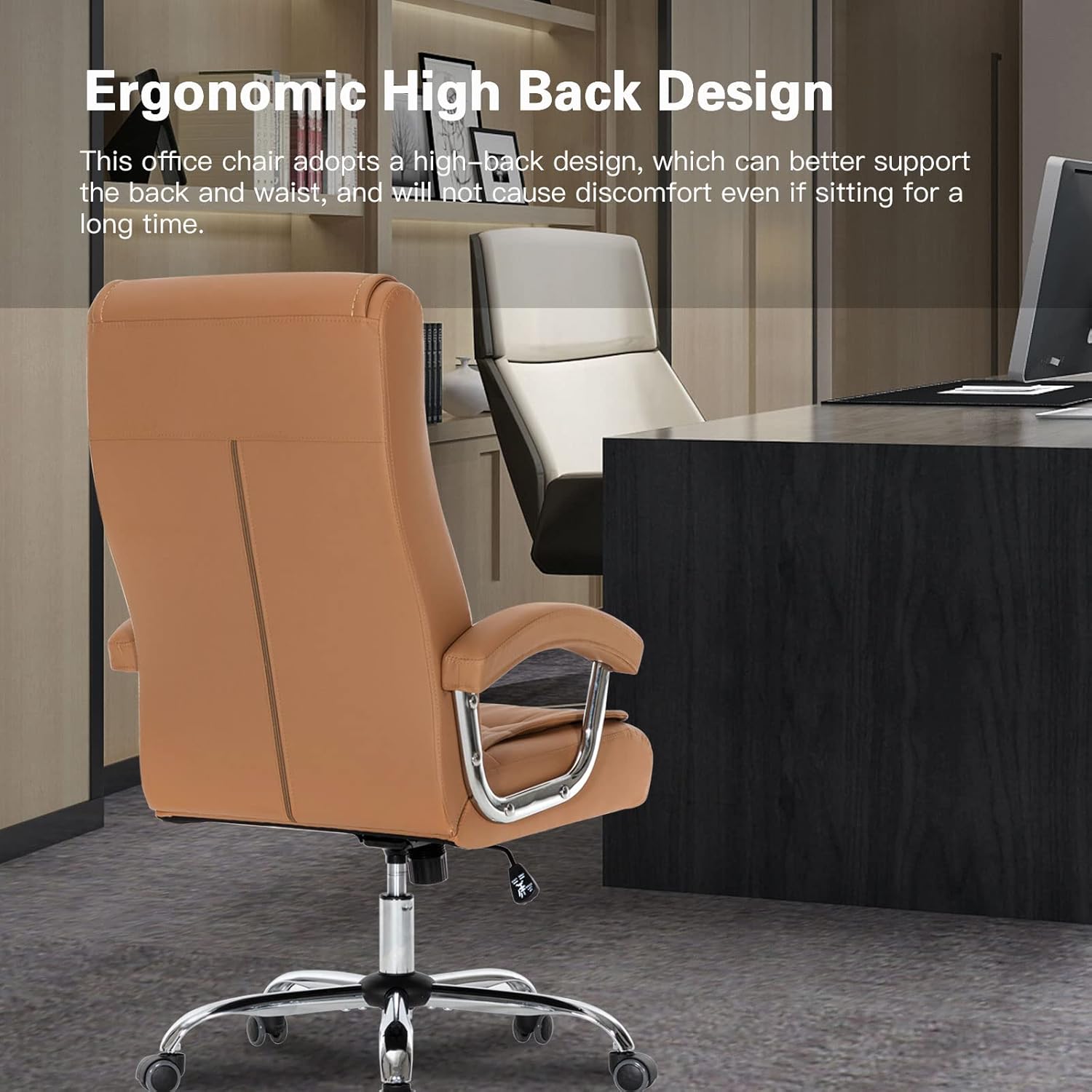 High-back leather office chair with padded armrests and swivel base in khaki โ view 5