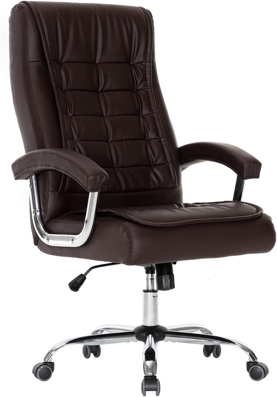High-back leather office chair with padded armrests and swivel base in khaki — view 2