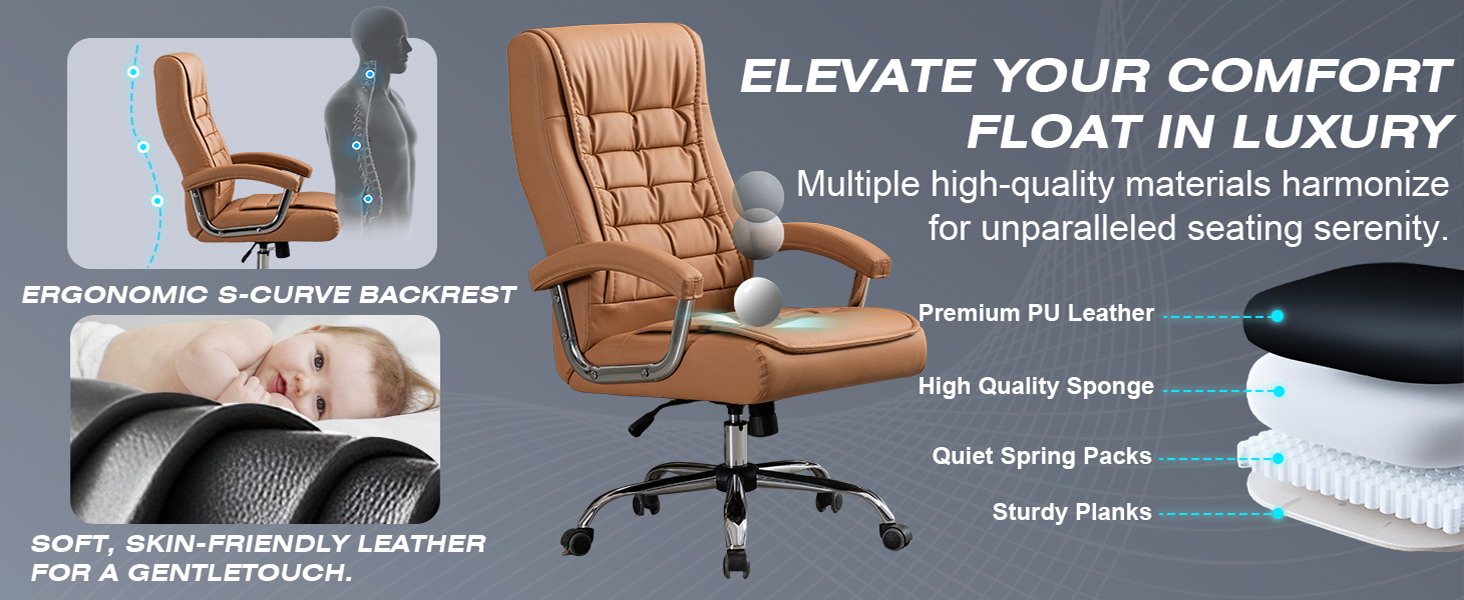 High-back leather office chair with padded armrests and swivel base in khaki — view 4