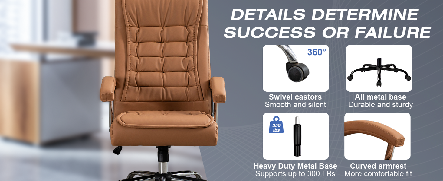 High-back leather office chair with padded armrests and swivel base in khaki — view 5a