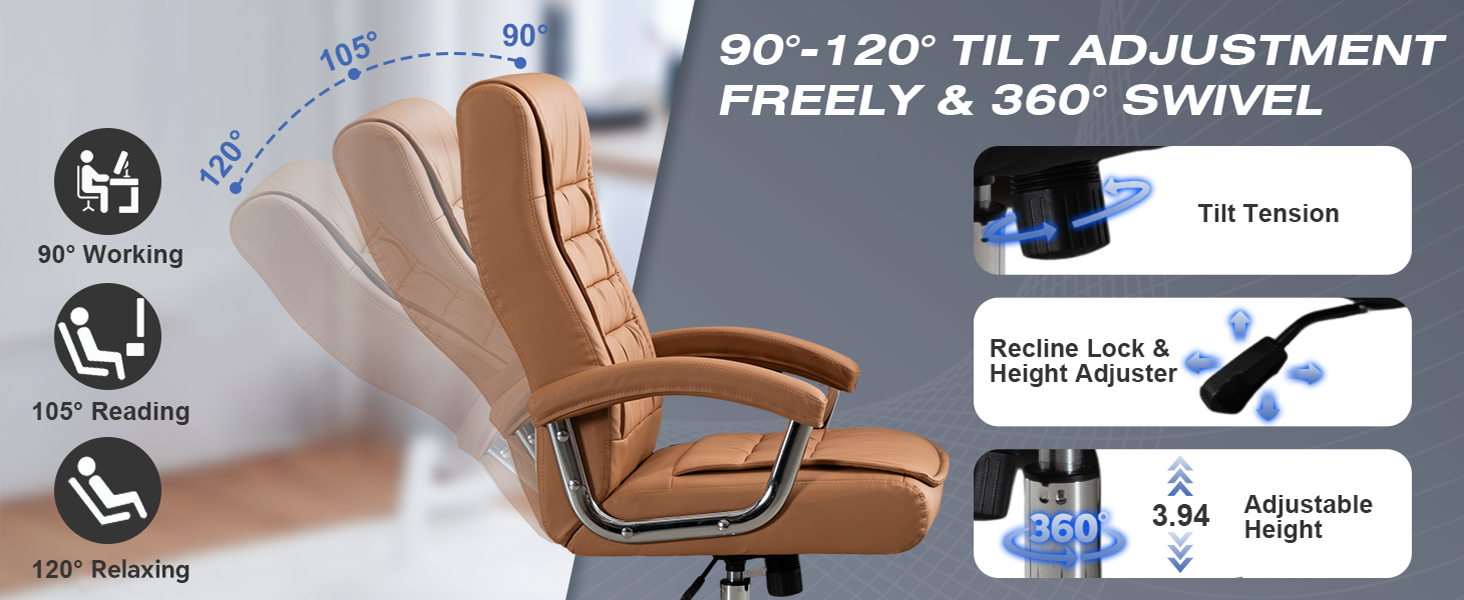 High-back leather office chair with padded armrests and swivel base in khaki — view 5b