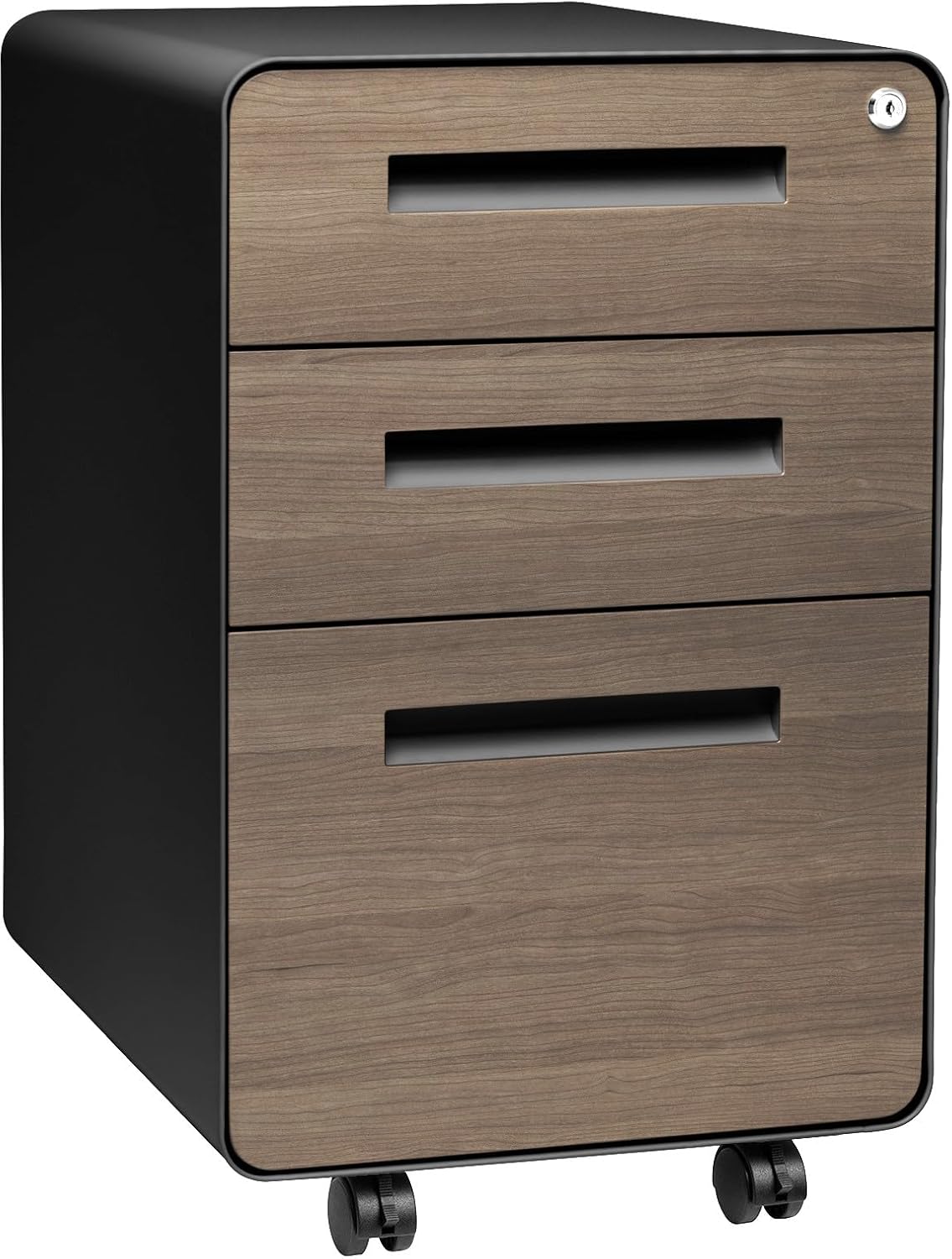 3-drawer file cabinet with lock and wheels in black and wood finish, shown with mobile base — view 1