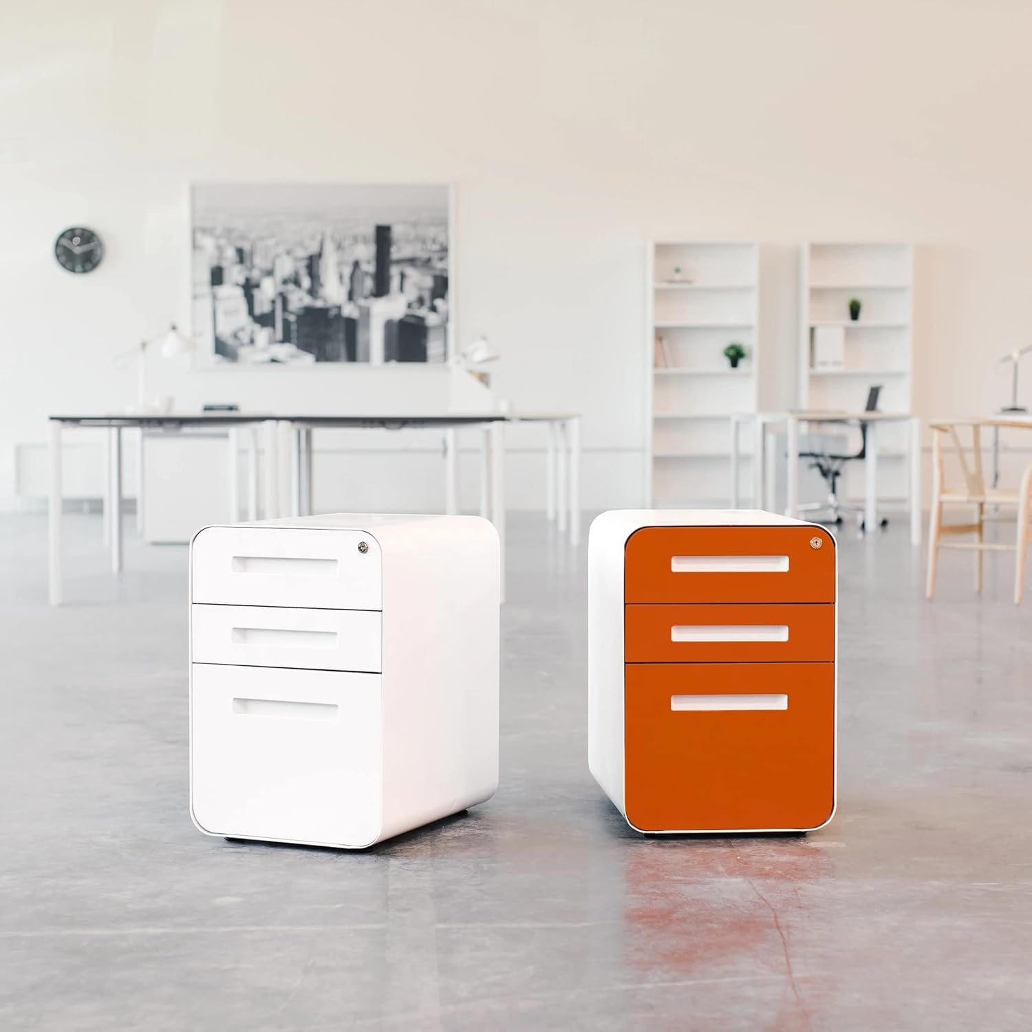 3-drawer file cabinet with lock and wheels in black and wood finish, shown with mobile base — view 2