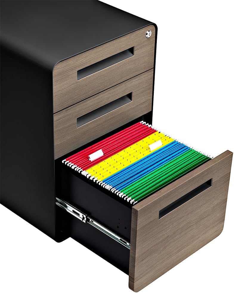 3-drawer file cabinet with lock and wheels in black and wood finish, shown with mobile base — view 4