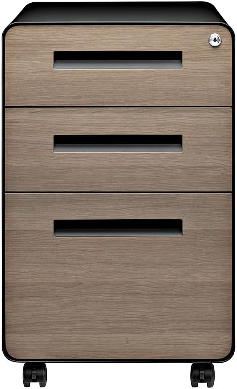 3-drawer file cabinet with lock and wheels in black and wood finish, shown with mobile base — view 2