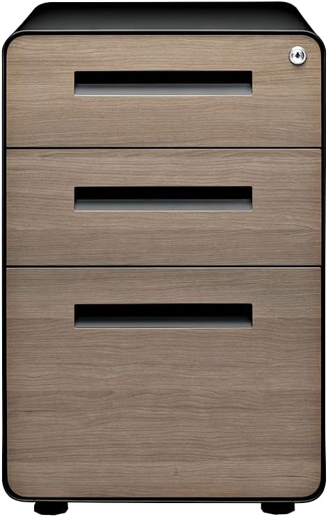 3-drawer file cabinet with lock and wheels in black and wood finish, shown with mobile base — view 3