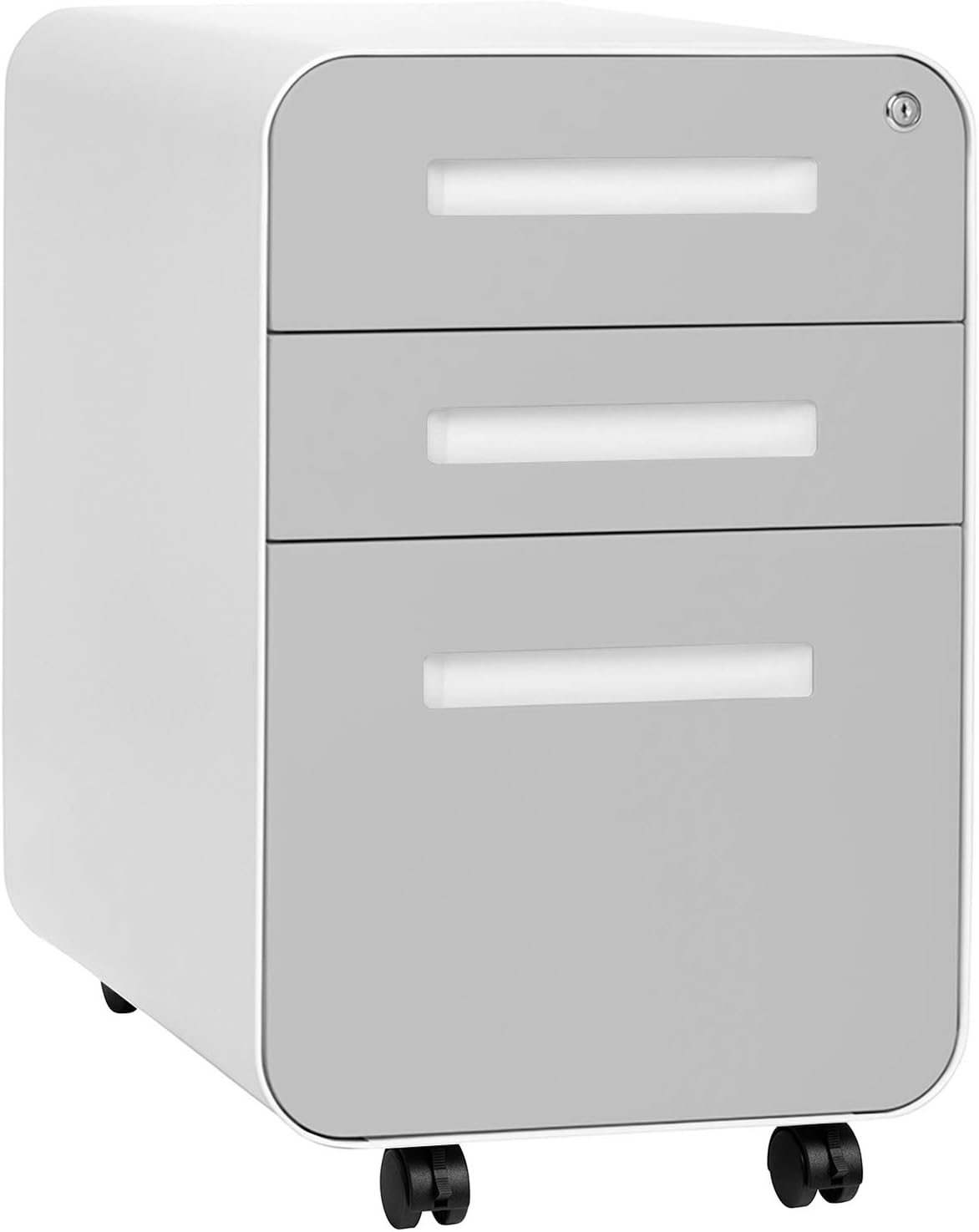 3-drawer file cabinet with lock and wheels in black and wood finish, shown with mobile base — view 5