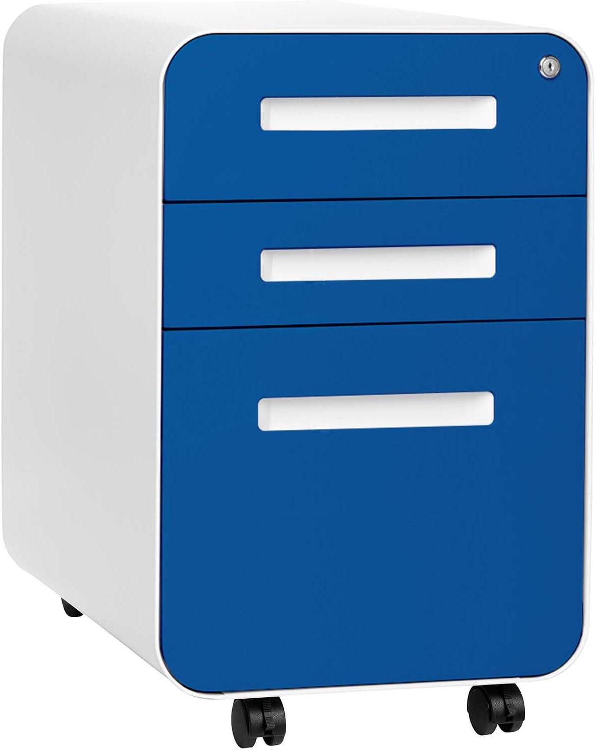 3-drawer file cabinet with lock and wheels in black and wood finish, shown with mobile base — view 3a
