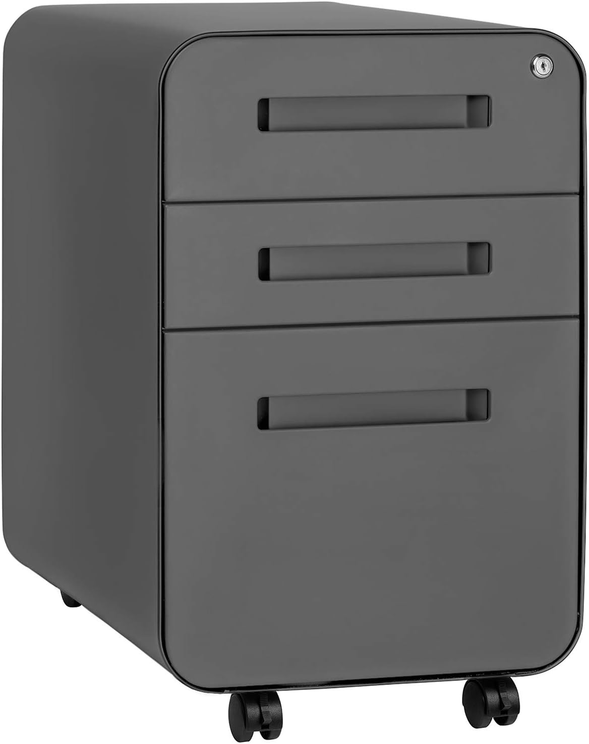 3-drawer file cabinet with lock and wheels in black and wood finish, shown with mobile base — view 3b