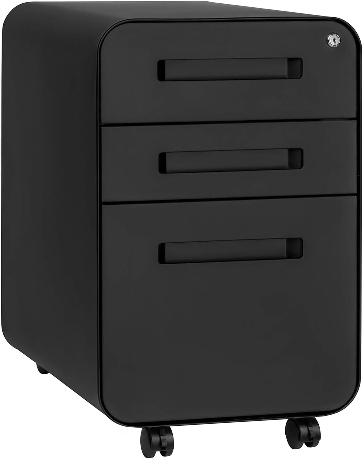 3-drawer file cabinet with lock and wheels in black and wood finish, shown with mobile base — view 4