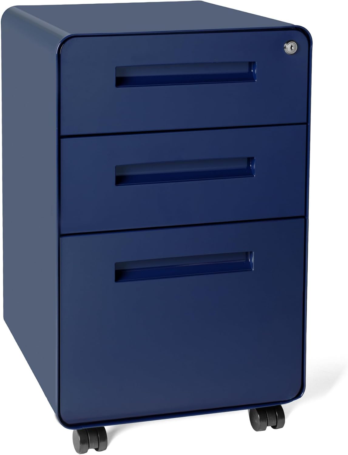 3-drawer file cabinet with lock and wheels in black and wood finish, shown with mobile base — view 5a