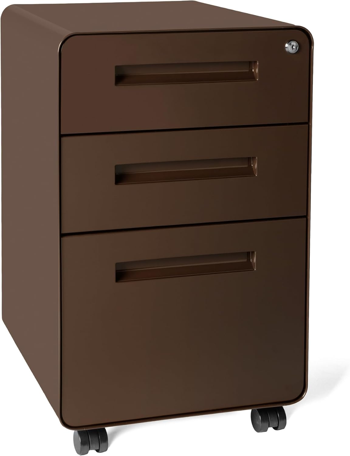 3-drawer file cabinet with lock and wheels in black and wood finish, shown with mobile base — view 5b