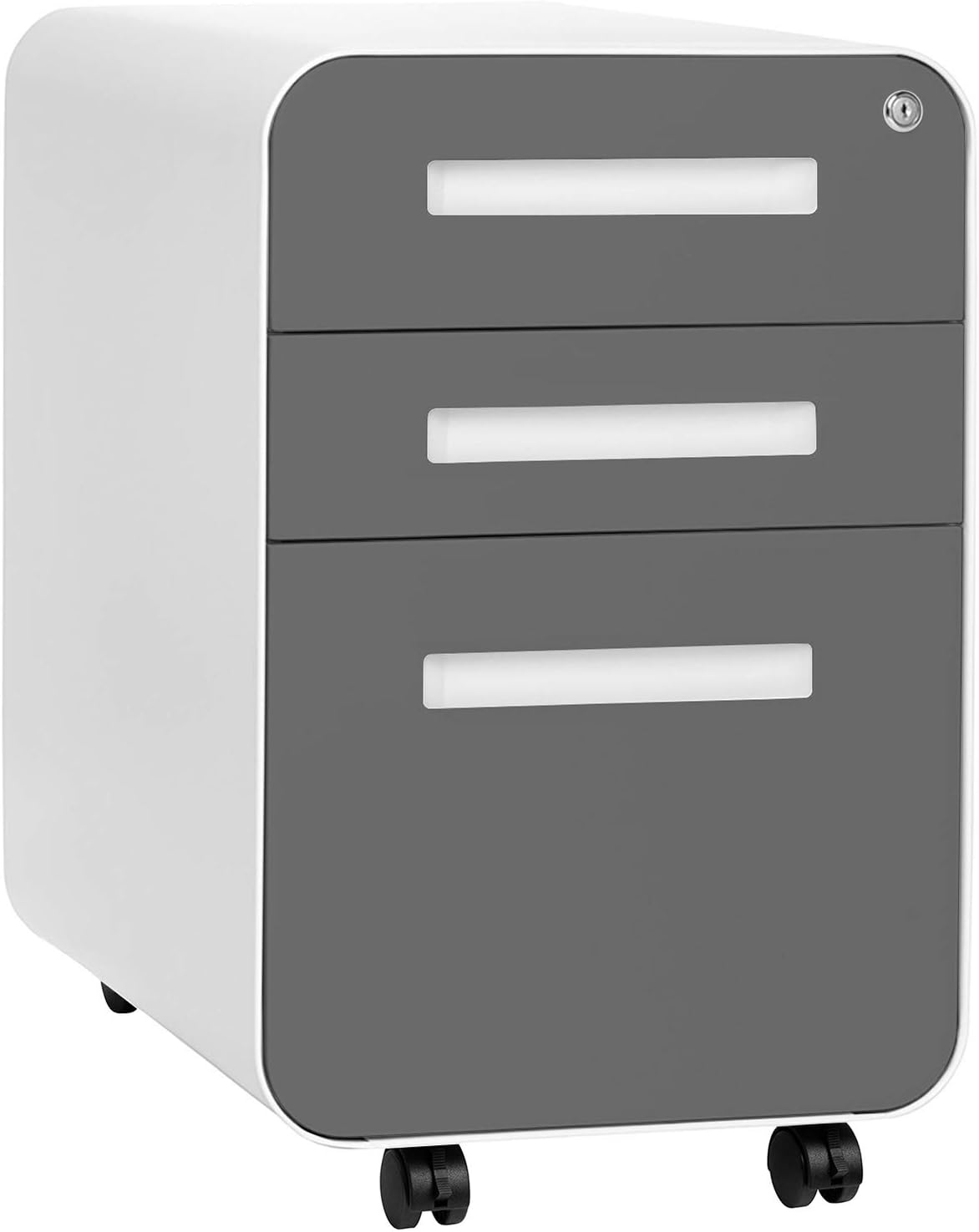 3-drawer file cabinet with lock and wheels in black and wood finish, shown with mobile base — view 6