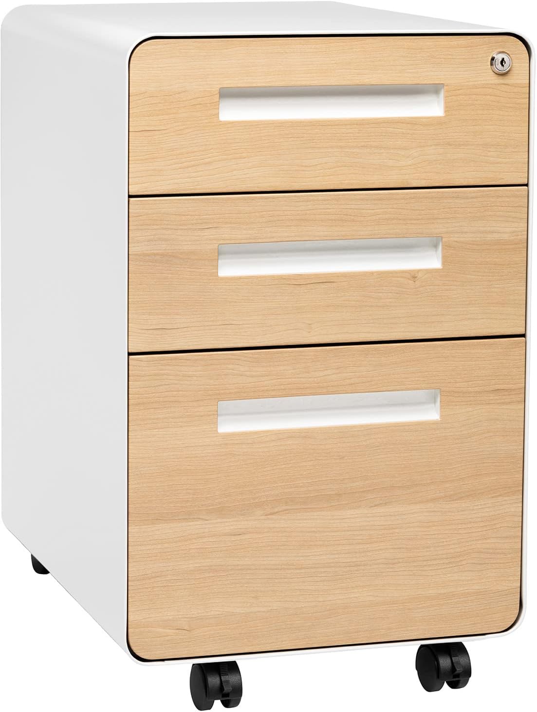 3-drawer file cabinet with lock and wheels in black and wood finish, shown with mobile base — view 7a