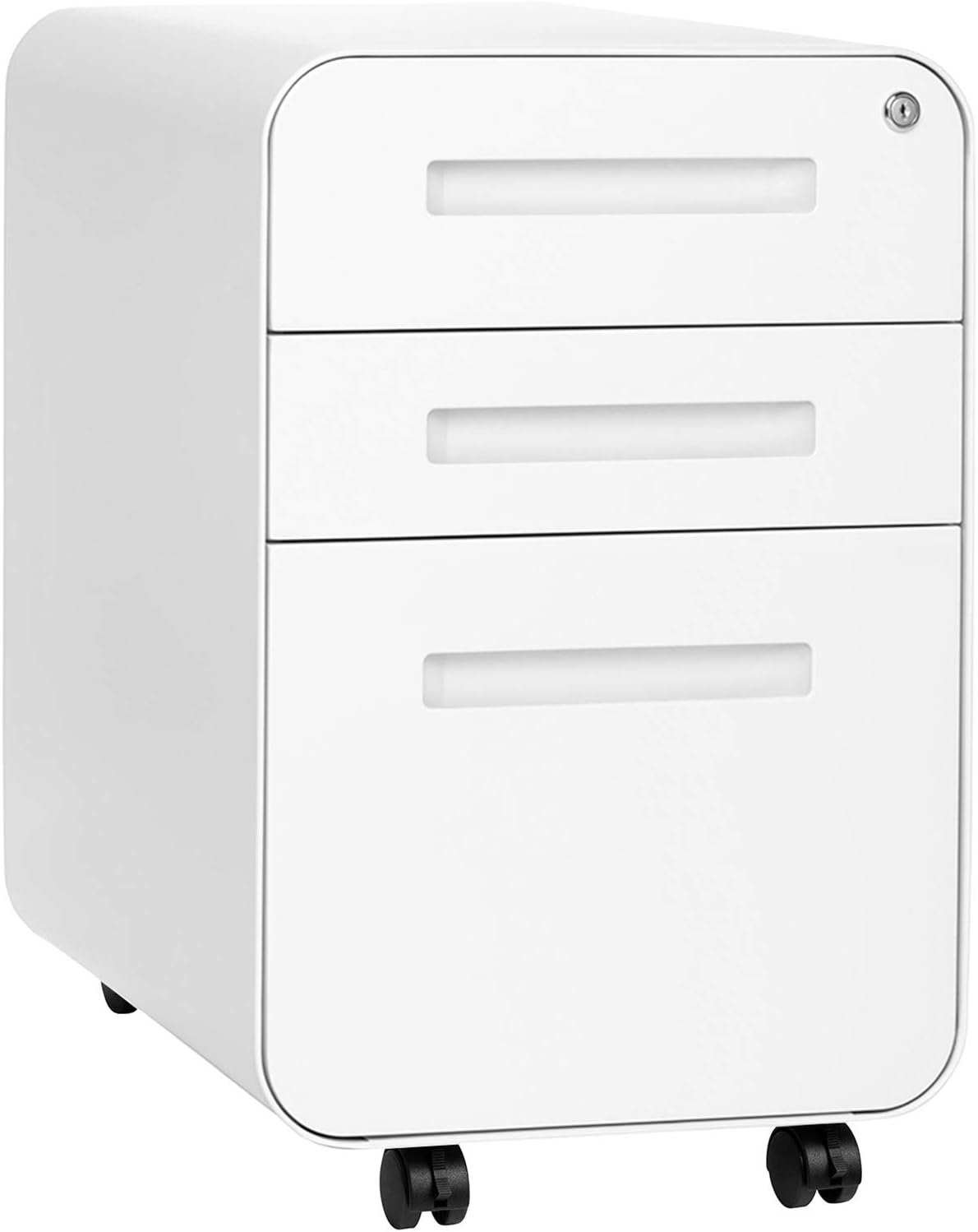 3-drawer file cabinet with lock and wheels in black and wood finish, shown with mobile base — view 7b