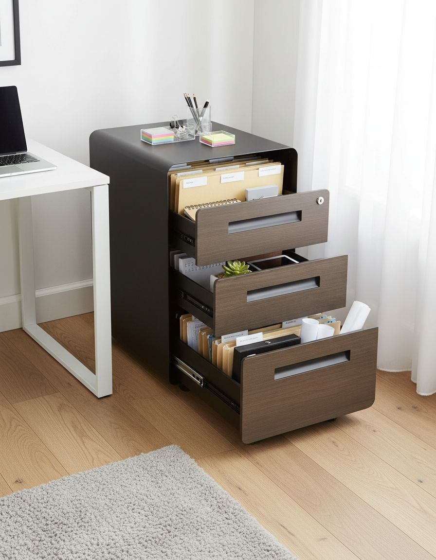 3-drawer file cabinet with lock and wheels in black and wood finish, shown with mobile base — view 2