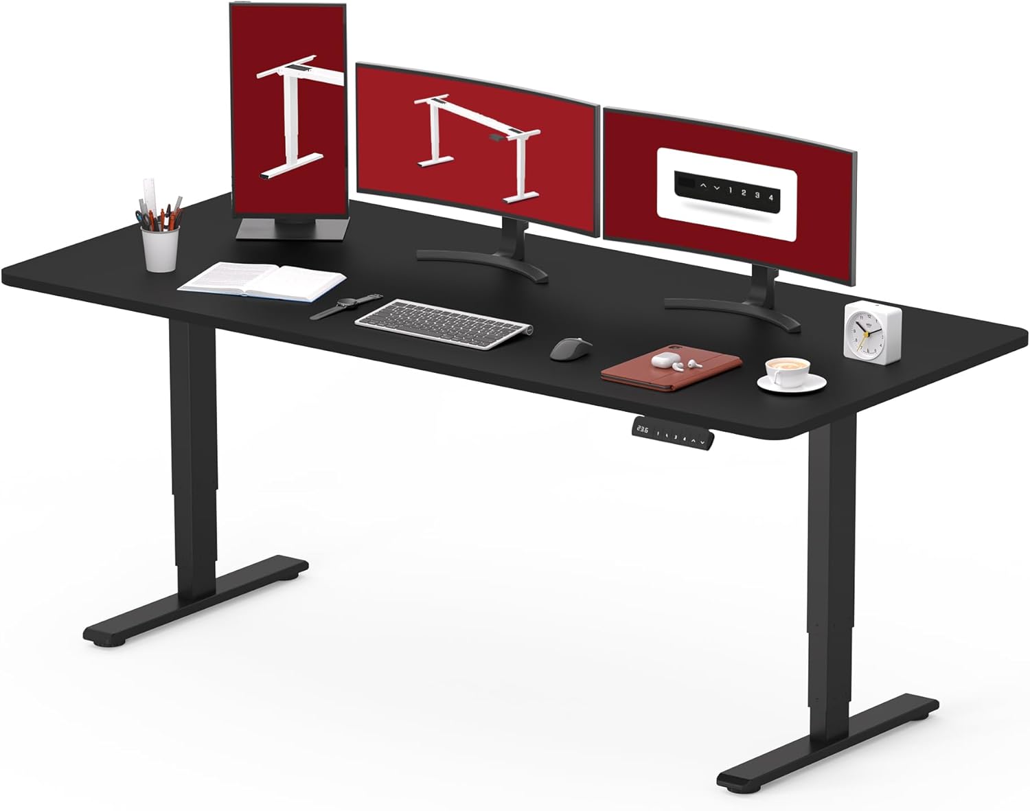 Black height adjustable standing desk with dual motor system and control handset, 60-inch work surface — view 1