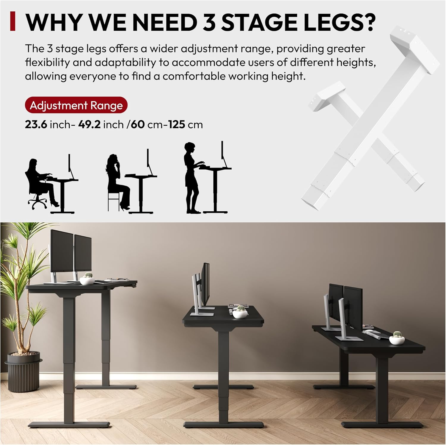 Black height adjustable standing desk with dual motor system and control handset, 60-inch work surface — view 2