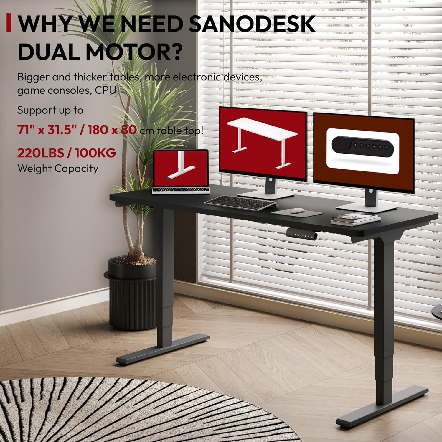 Black height adjustable standing desk with dual motor system and control handset, 60-inch work surface — view 3