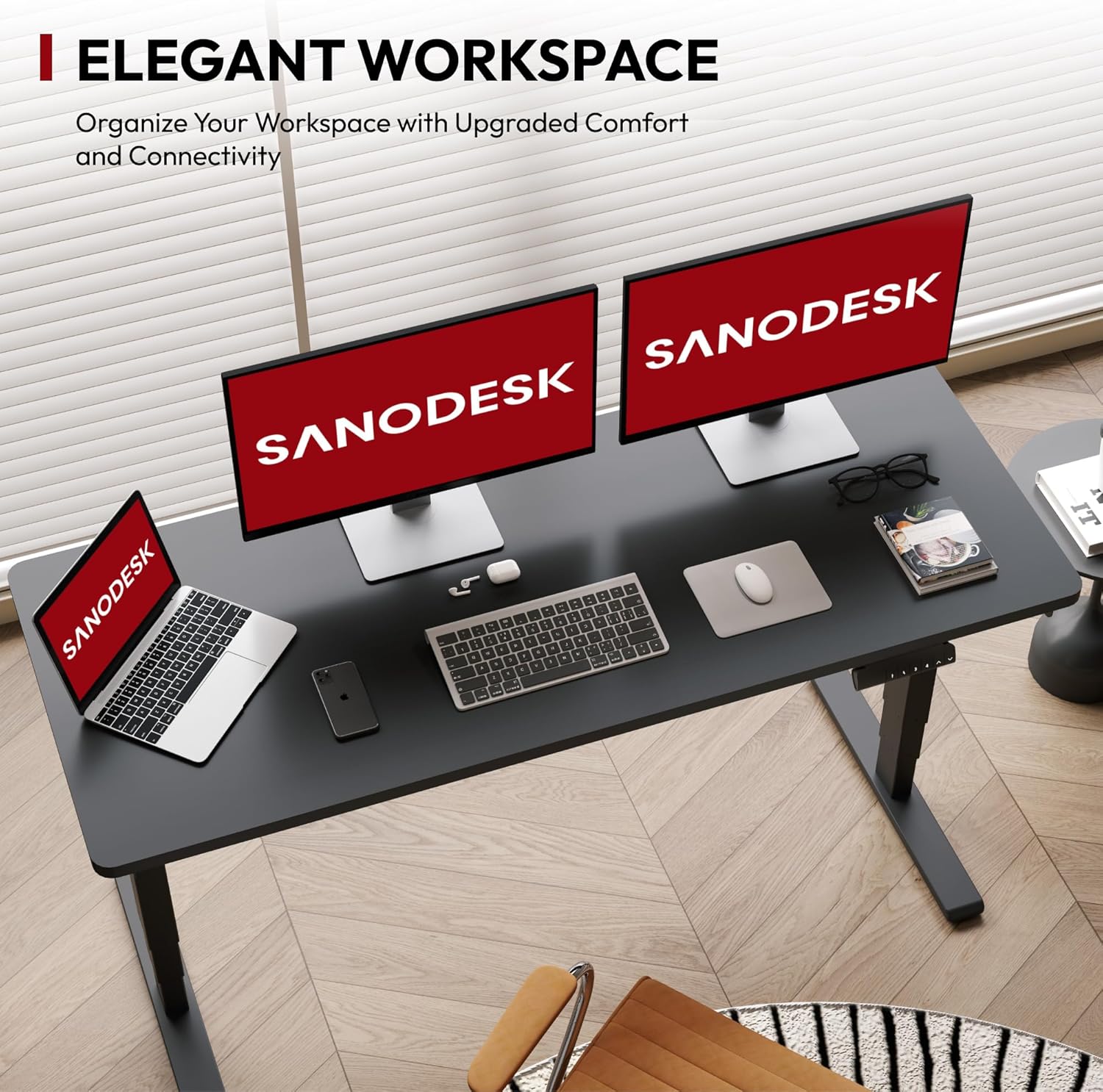 Black height adjustable standing desk with dual motor system and control handset, 60-inch work surface — view 4
