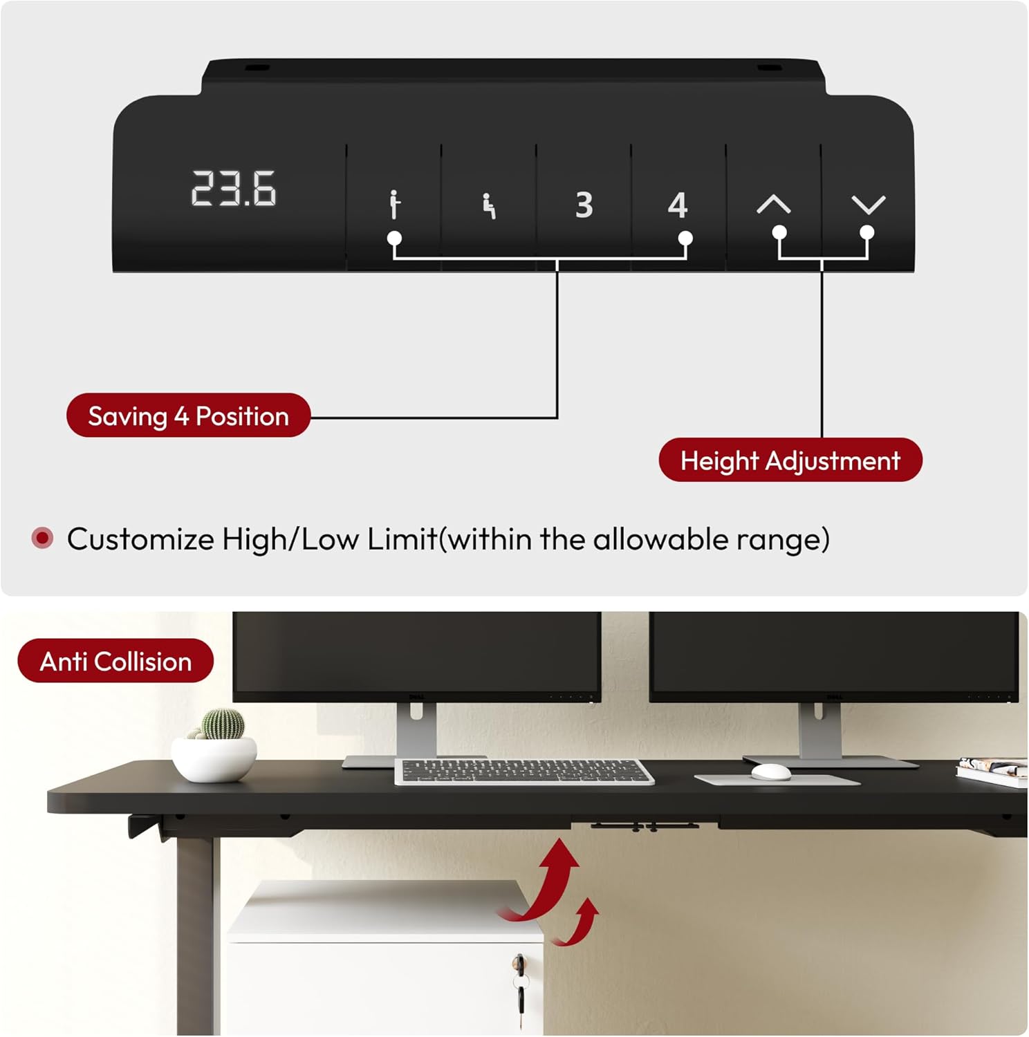 Black height adjustable standing desk with dual motor system and control handset, 60-inch work surface — view 2