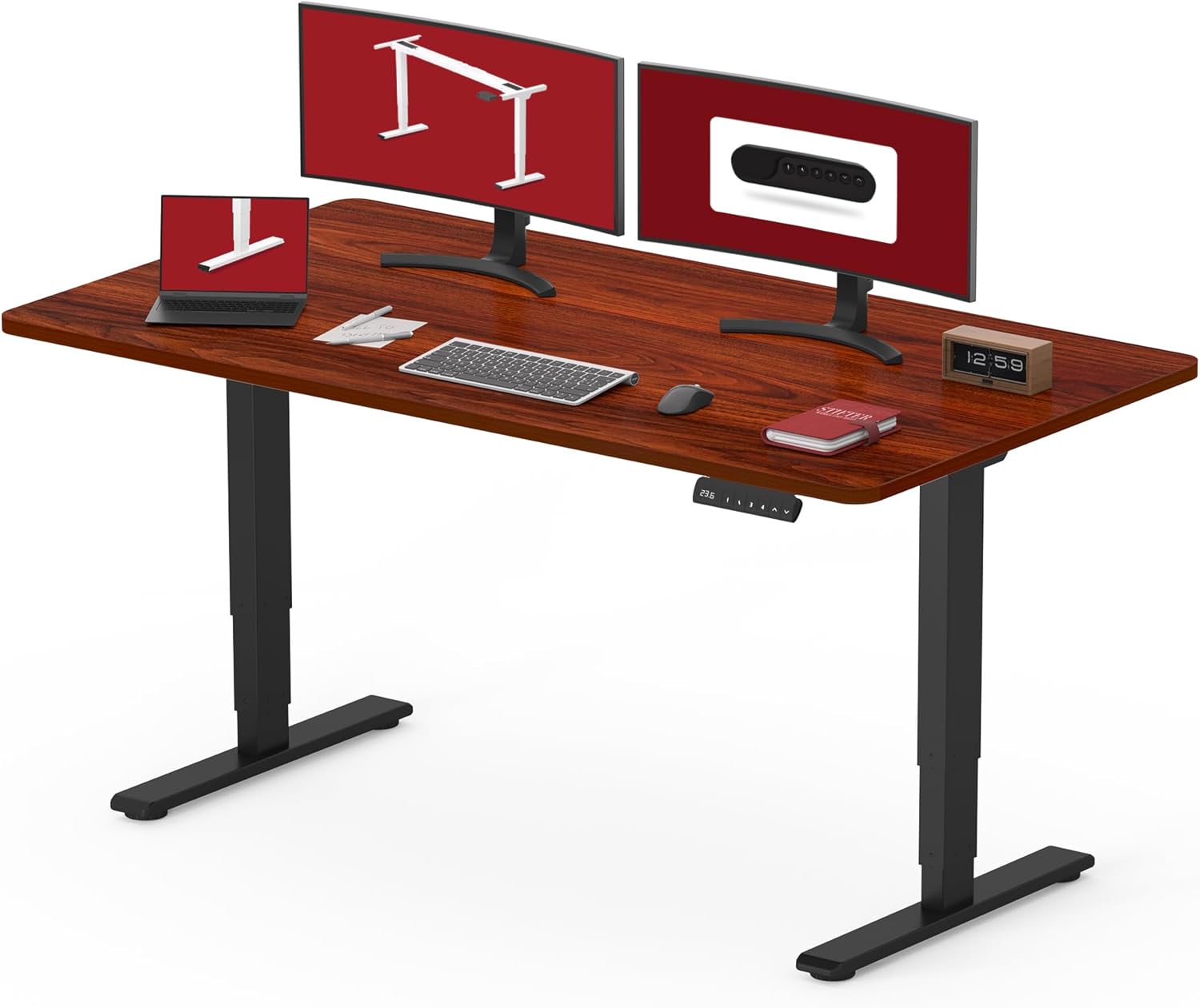 Black height adjustable standing desk with dual motor system and control handset, 60-inch work surface — view 3b