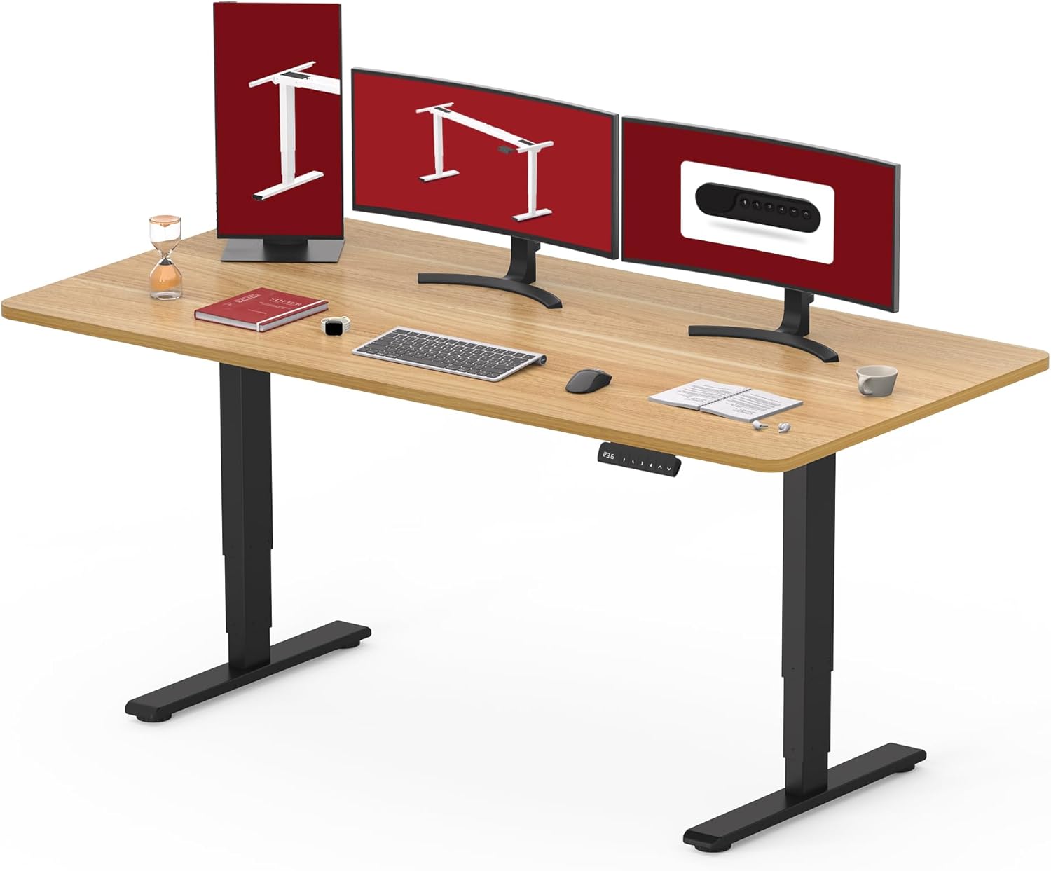 Black height adjustable standing desk with dual motor system and control handset, 60-inch work surface — view 4