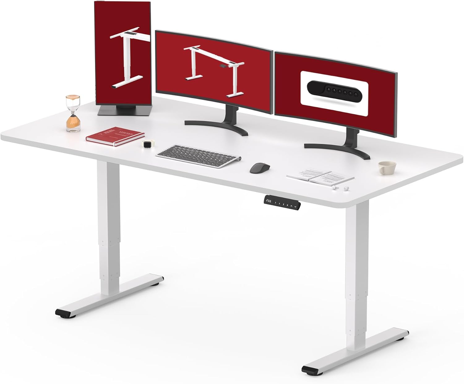 Black height adjustable standing desk with dual motor system and control handset, 60-inch work surface — view 5a