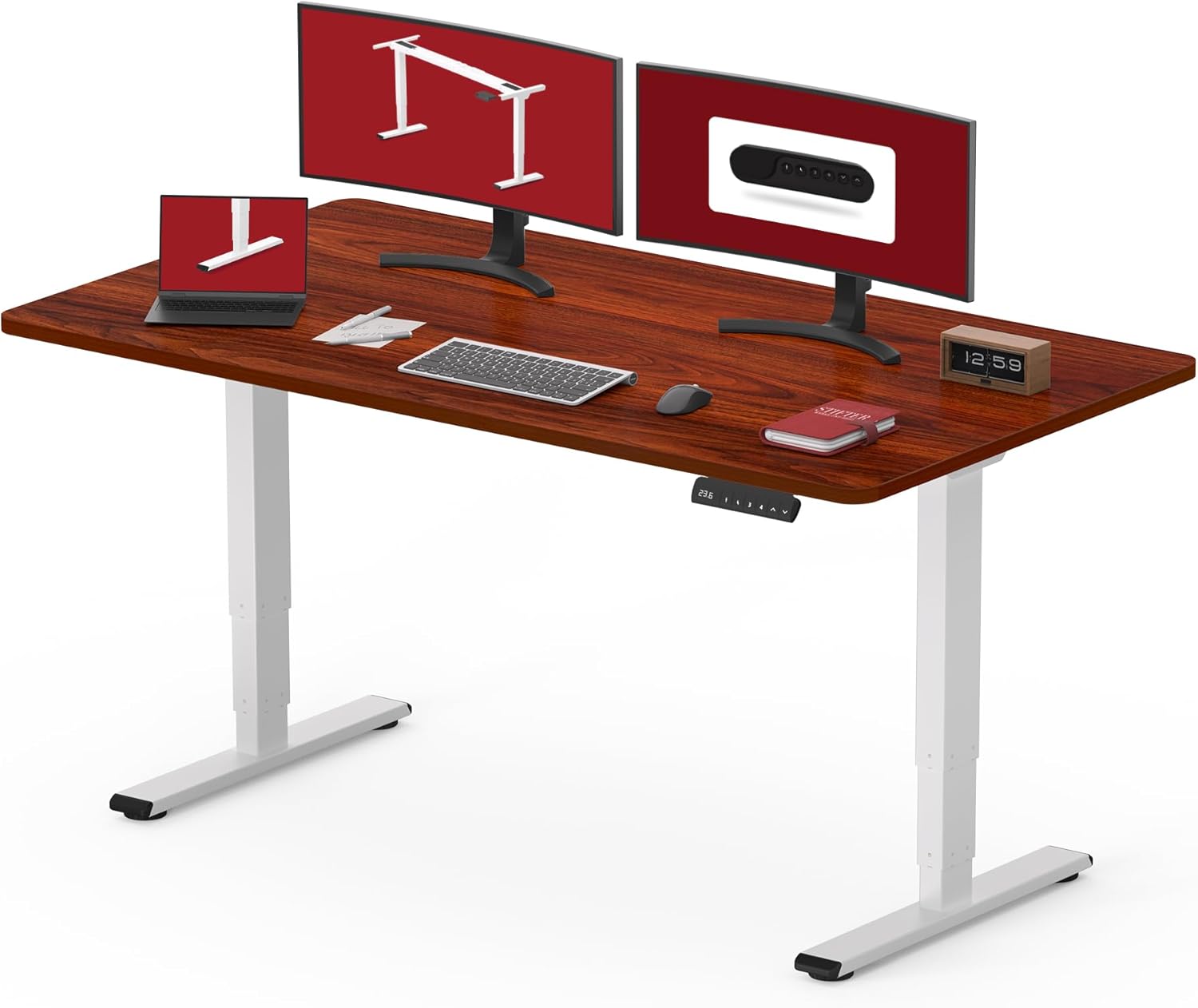 Black height adjustable standing desk with dual motor system and control handset, 60-inch work surface — view 5b