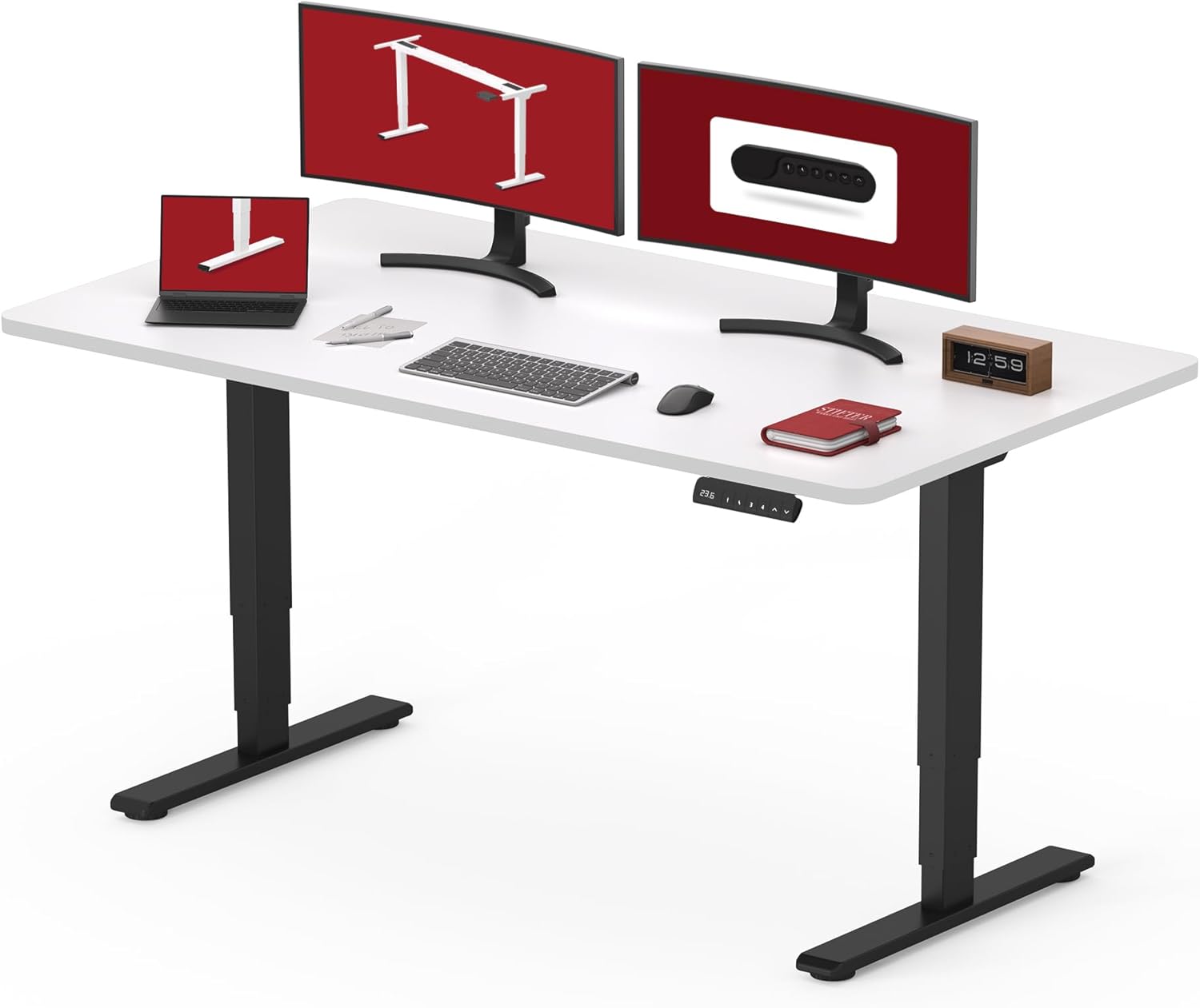 Black height adjustable standing desk with dual motor system and control handset, 60-inch work surface — view 6