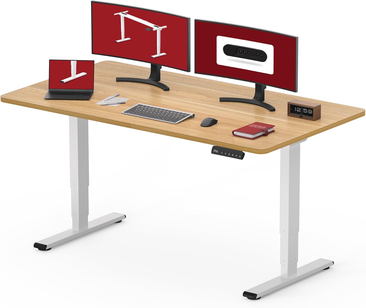 Black height adjustable standing desk with dual motor system and control handset, 60-inch work surface — view 7a
