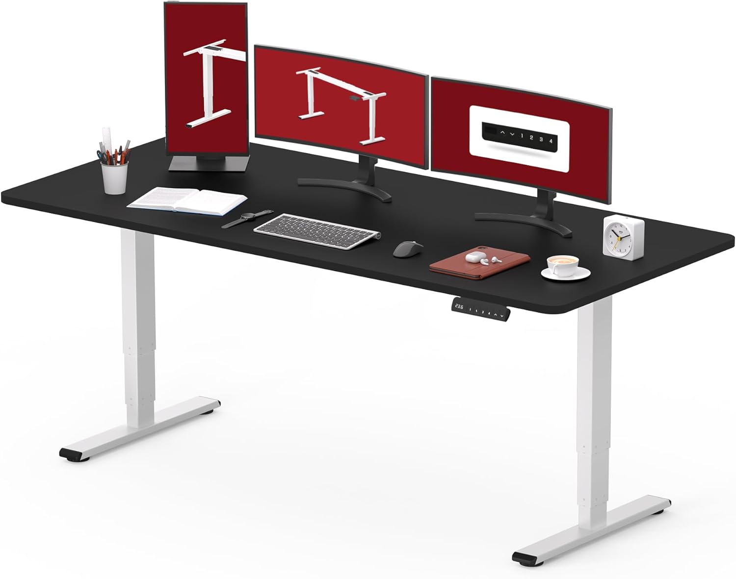 Black height adjustable standing desk with dual motor system and control handset, 60-inch work surface — view 7b