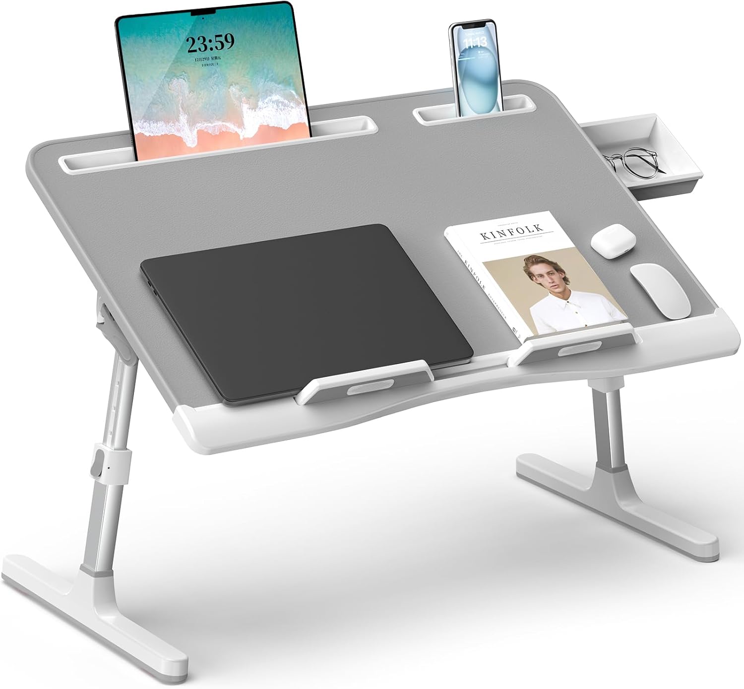 X-large grey leather adjustable laptop bed desk with foldable design and storage drawer — view 1