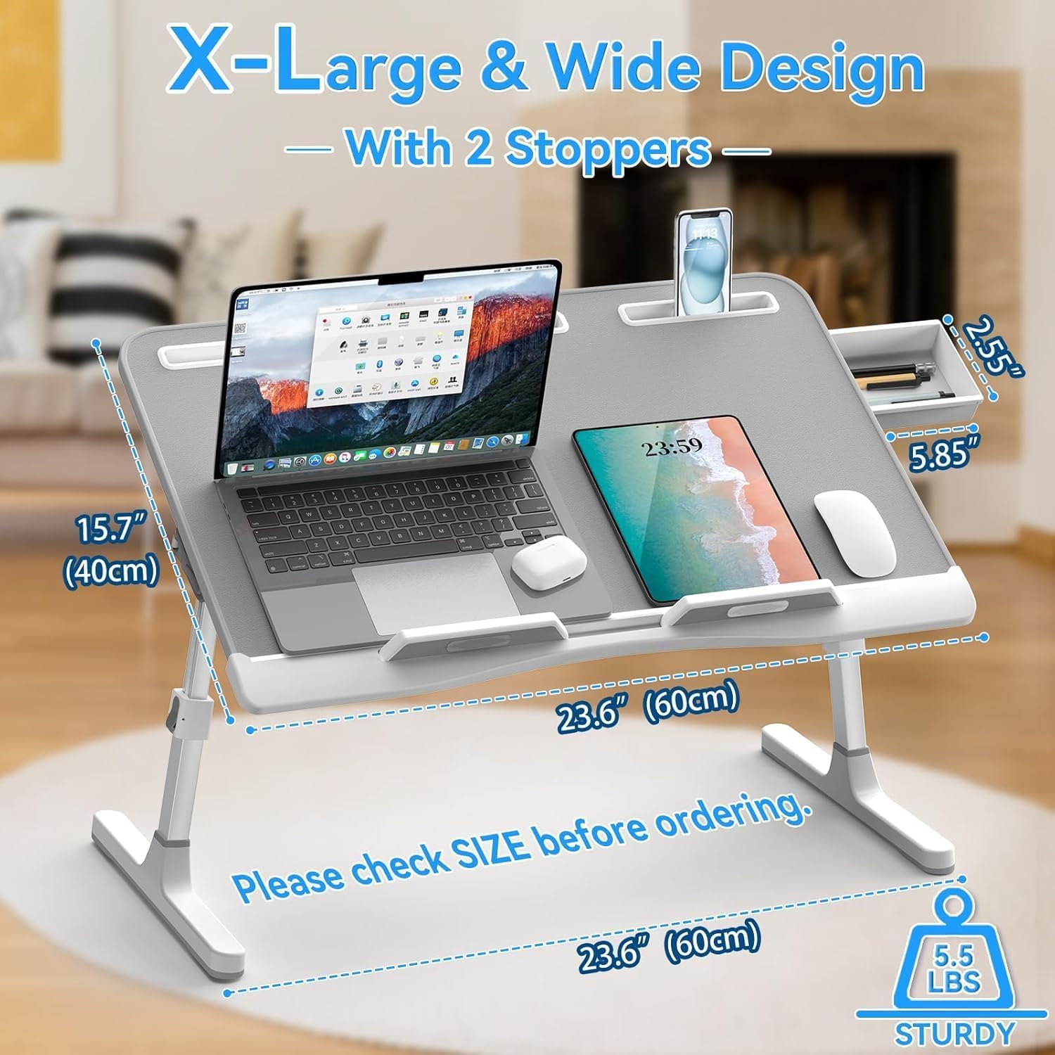 X-large grey leather adjustable laptop bed desk with foldable design and storage drawer — view 2