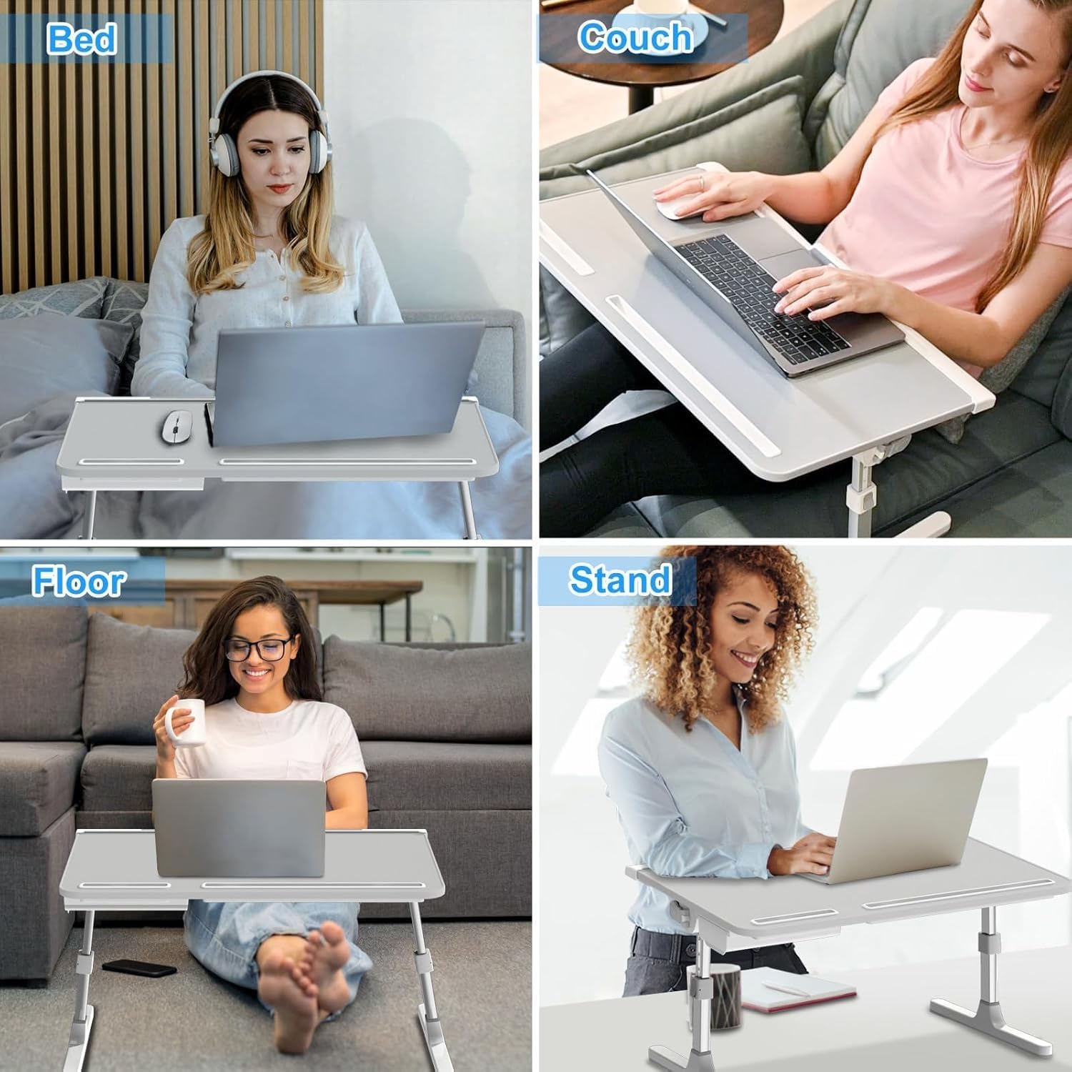 X-large grey leather adjustable laptop bed desk with foldable design and storage drawer — view 3