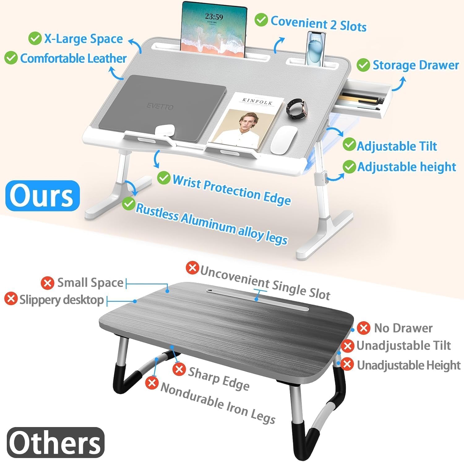 X-large grey leather adjustable laptop bed desk with foldable design and storage drawer — view 3