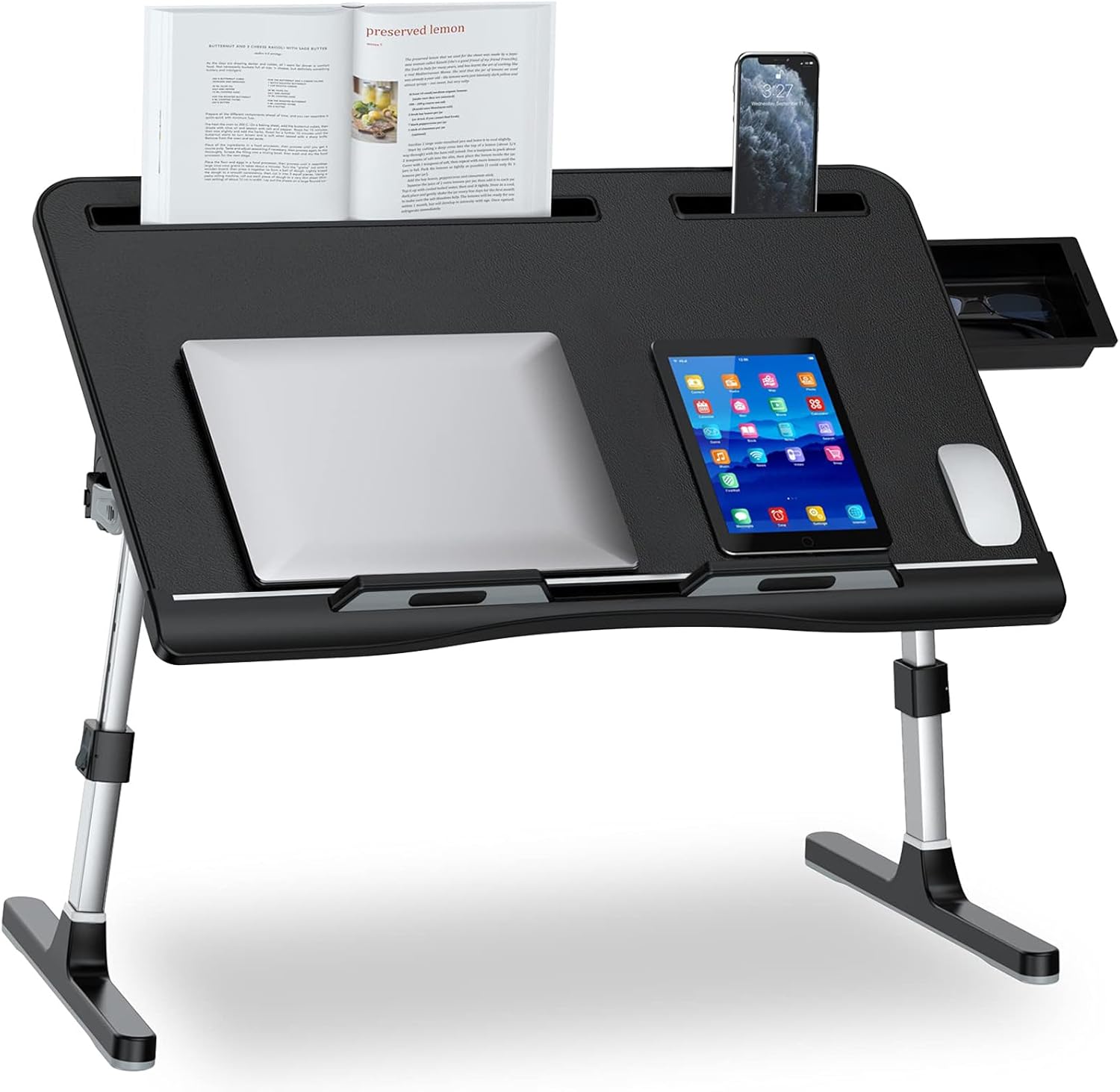 X-large grey leather adjustable laptop bed desk with foldable design and storage drawer — view 4