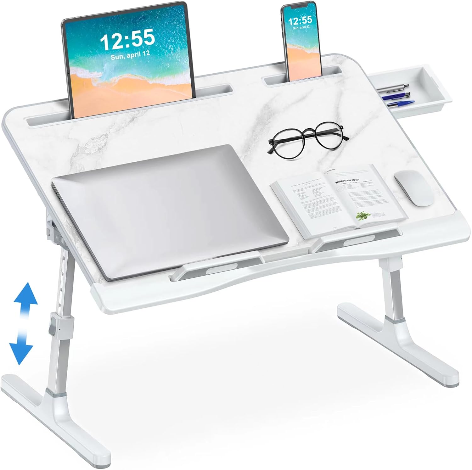 X-large grey leather adjustable laptop bed desk with foldable design and storage drawer — view 5