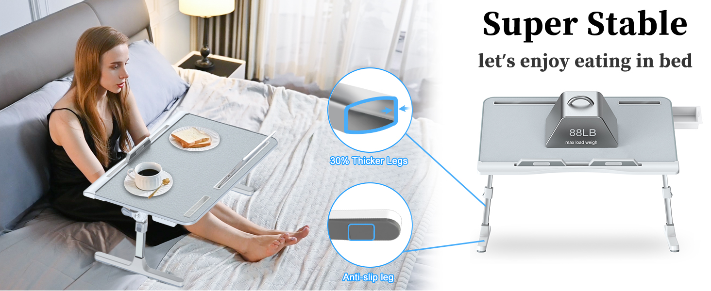 X-large grey leather adjustable laptop bed desk with foldable design and storage drawer — view 4