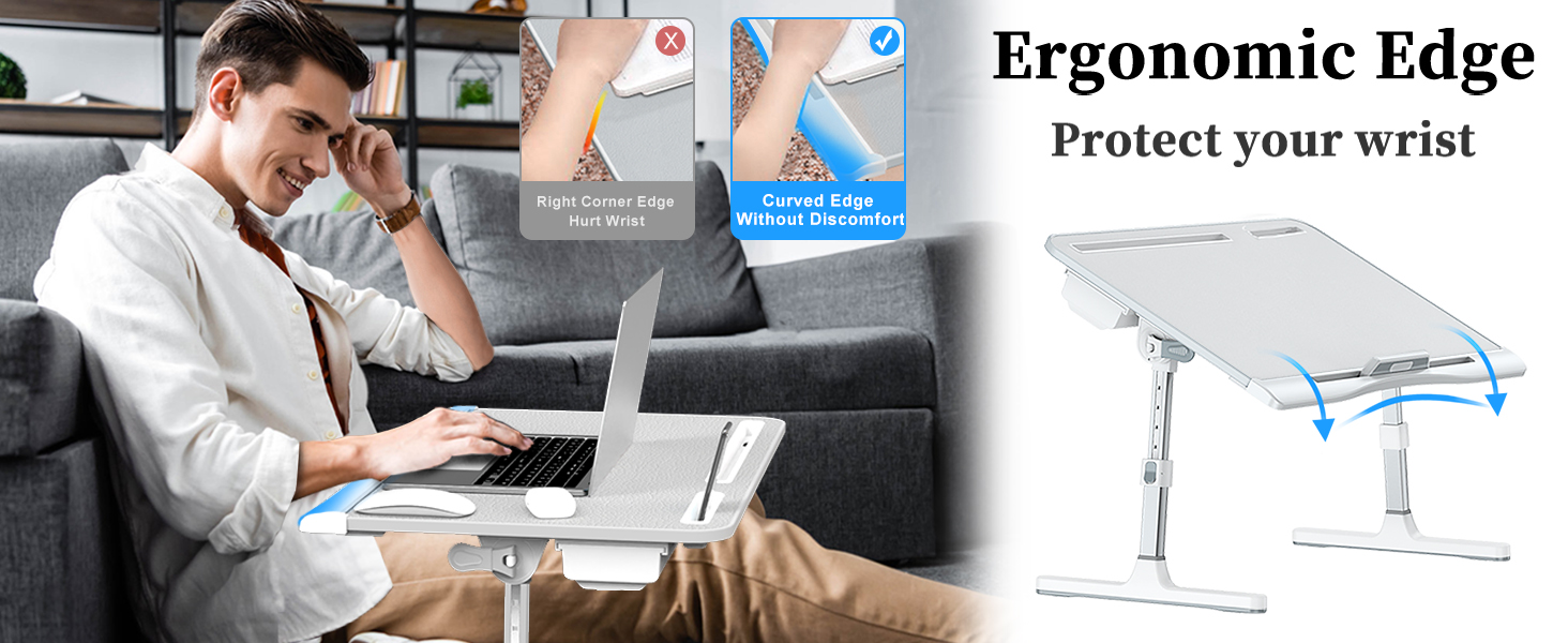 X-large grey leather adjustable laptop bed desk with foldable design and storage drawer — view 5b
