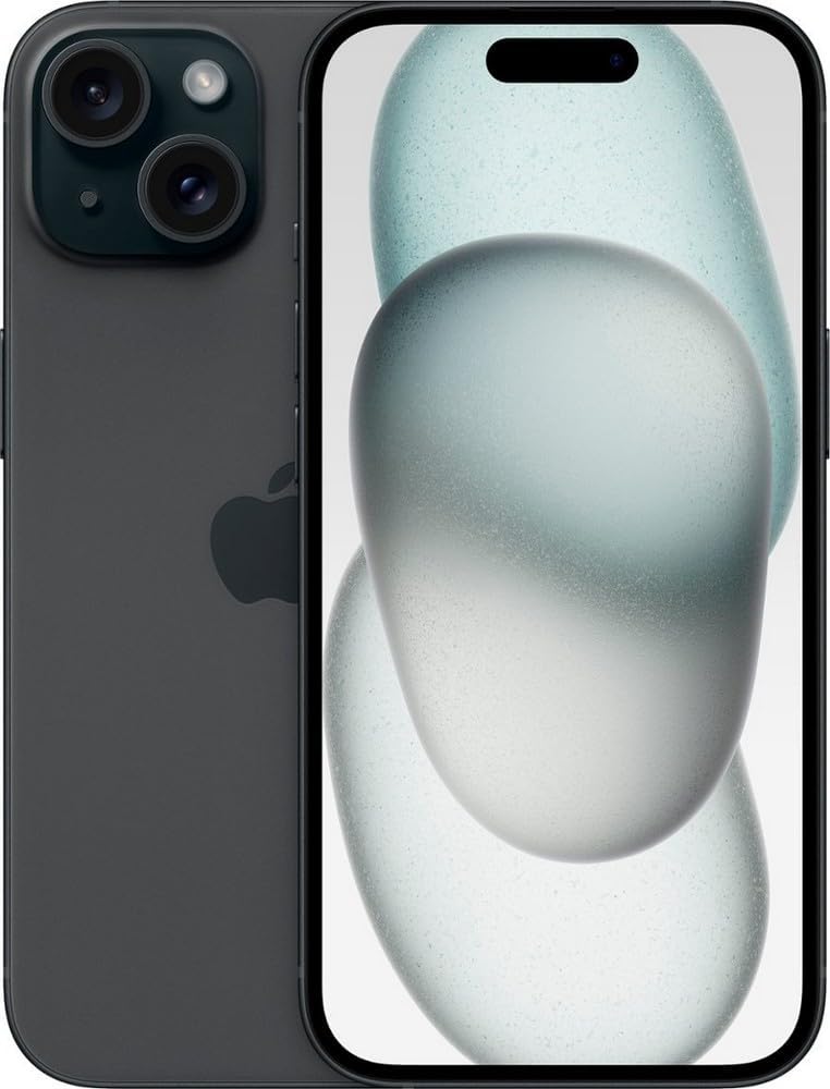Apple iPhone 15 128GB in black finish, sleek pocket-size smartphone with Dynamic Island display — front