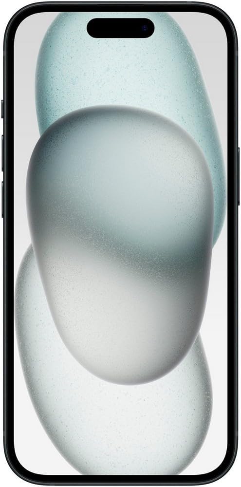 Apple iPhone 15 128GB in black finish, sleek pocket-size smartphone with Dynamic Island display — side