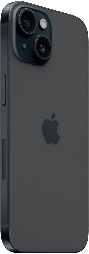 Apple iPhone 15 128GB in black finish, sleek pocket-size smartphone with Dynamic Island display — back