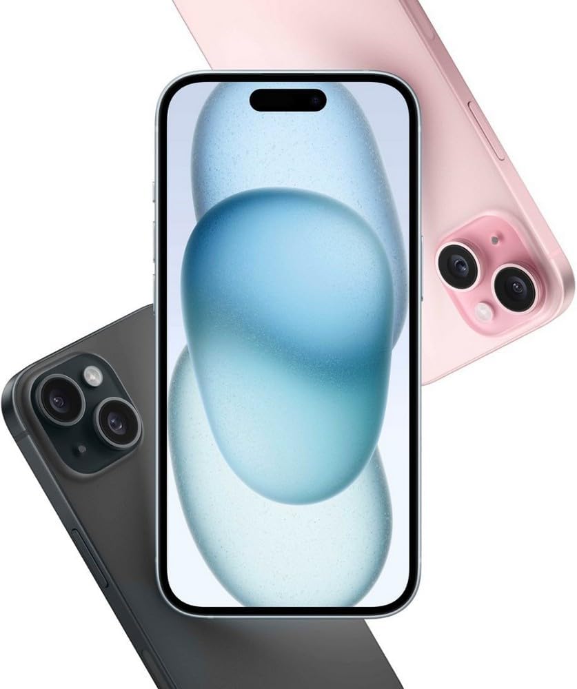 Apple iPhone 15 128GB in black finish, sleek pocket-size smartphone with Dynamic Island display — view 2